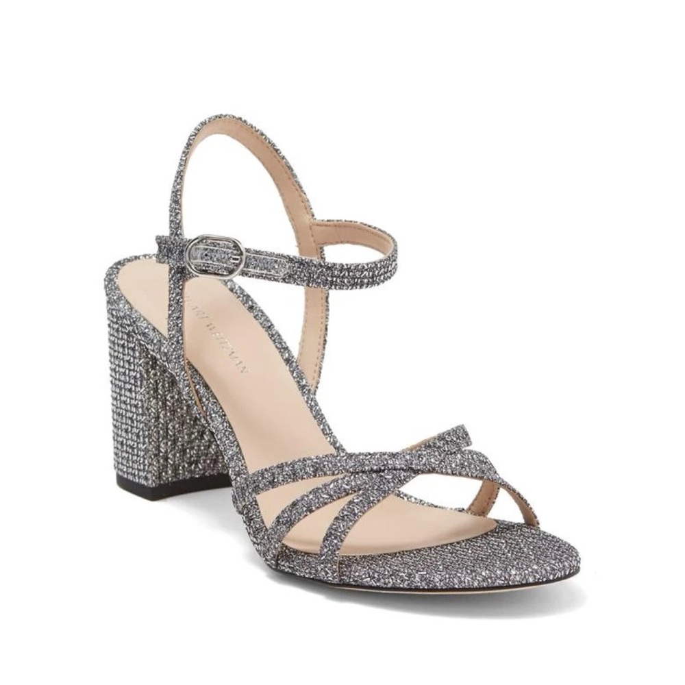 New Stuart Weitzman Starla 75 Block Heel Sandal In Gunmetal Sz 10